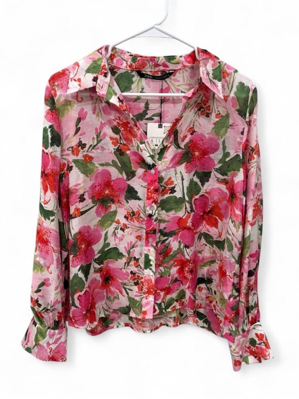 NWT Zara Lightweight Semi Sheer Floral Button Down Blouse Small Feminine Pink